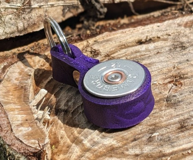 Heather Shotgun Cartridge Key Ring With Leather Strap by J Boult Designs