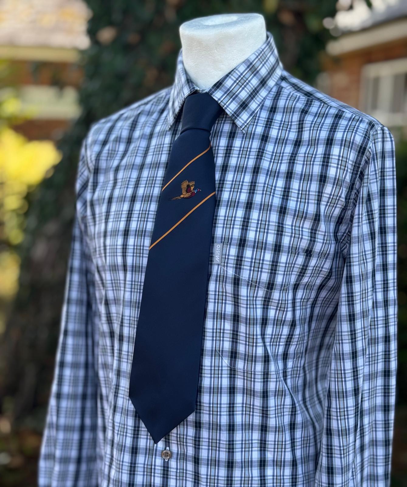 A men's long-sleeve plaid dress shirt in blue and white, styled on a white mannequin torso with a navy blue tie featuring diagonal gold stripes and a crest logo.
