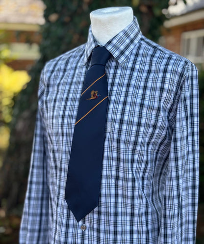 A men's long-sleeve plaid dress shirt in blue and white, styled on a white mannequin torso with a navy blue tie featuring diagonal gold stripes and a crest logo.
